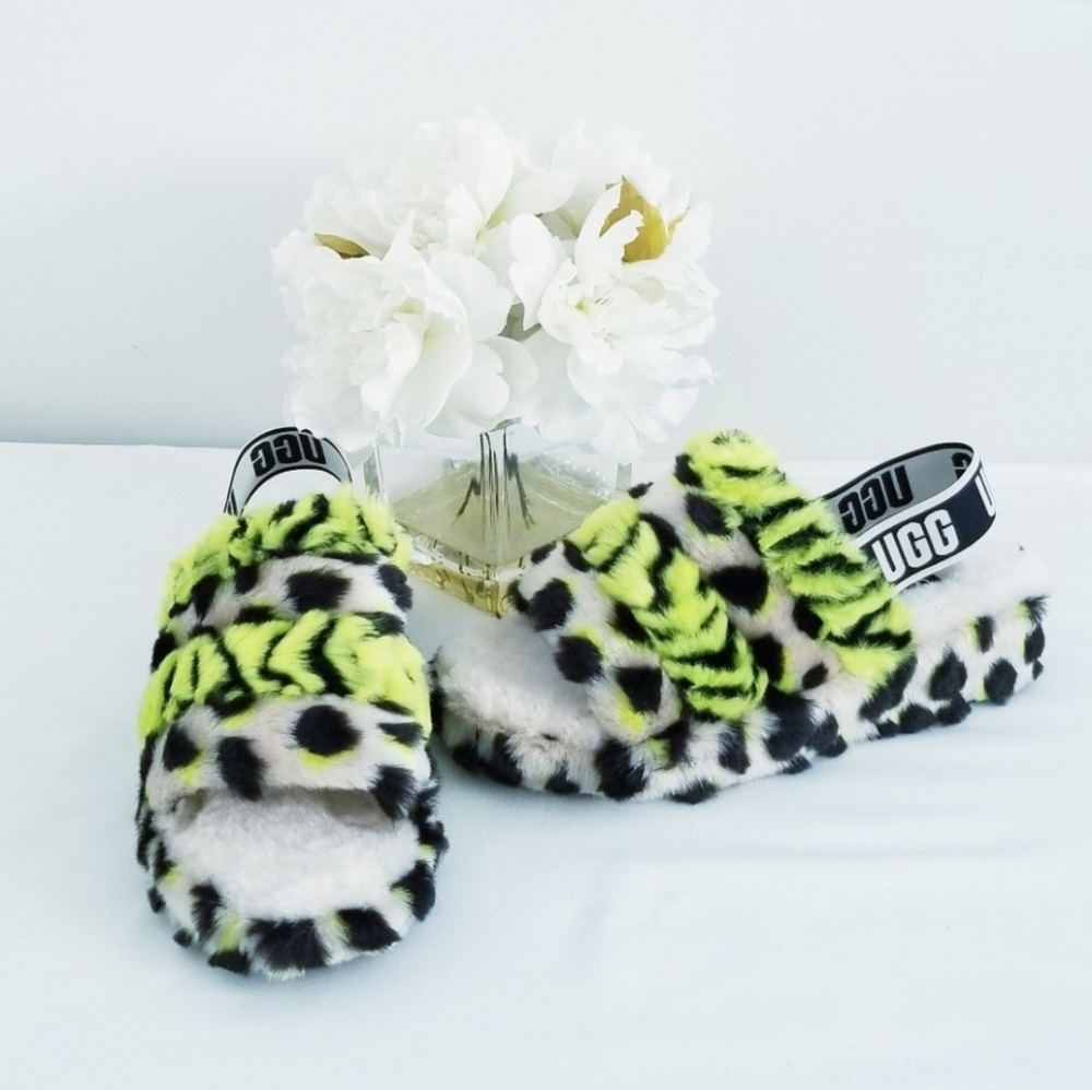 UGG Fluff Yeah Animalia Slipper Slingback Sandals in Key Lime Color NWT